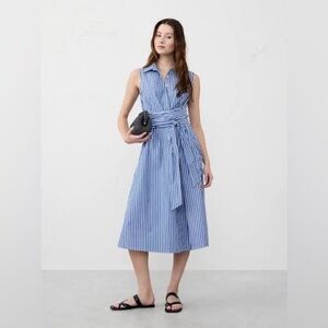 Banana Republic Factory Poplin Cross-Waist Midi Dress Blue White Stripe  L Large